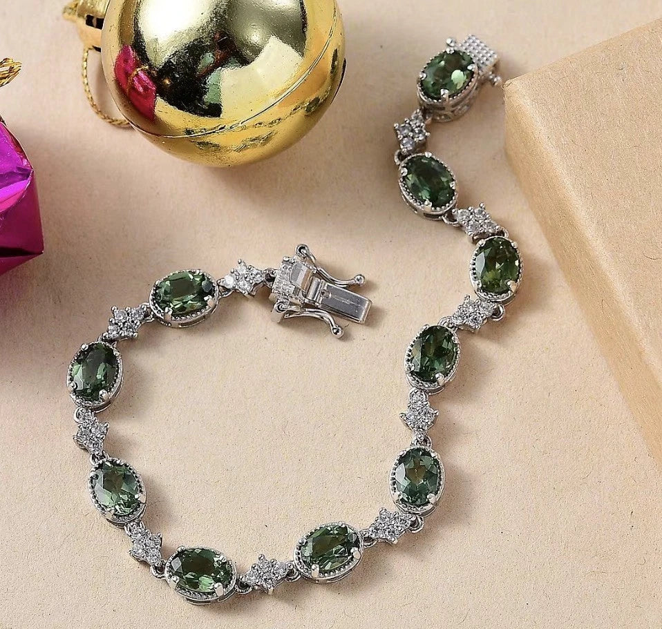 Natural Green Apatite/Zircon 11.00 ctw Bracelet in Rhodium Over 925S - 7.25”